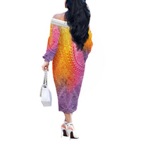 Hawaiian Turtles and Leis Off The Shoulder Long Sleeve Dress Tribal Kakau Pattern Magical Rainbow Sky