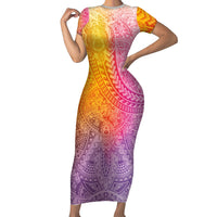 Hawaiian Turtles and Leis Short Sleeve Bodycon Dress Tribal Kakau Pattern Magical Rainbow Sky