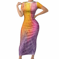 Hawaiian Turtles and Leis Short Sleeve Bodycon Dress Tribal Kakau Pattern Magical Rainbow Sky LT03 Long Dress Multicolor - Polynesian Pride
