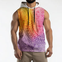Hawaiian Turtles and Leis Sleeveless Hoodie Tribal Kakau Pattern Magical Rainbow Sky