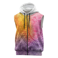 Hawaiian Turtles and Leis Sleeveless Zip Hoodie Tribal Kakau Pattern Magical Rainbow Sky