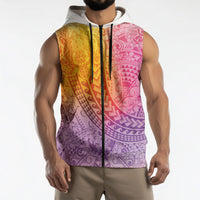 Hawaiian Turtles and Leis Sleeveless Zip Hoodie Tribal Kakau Pattern Magical Rainbow Sky
