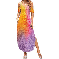 Hawaiian Turtles and Leis Summer Maxi Dress Tribal Kakau Pattern Magical Rainbow Sky