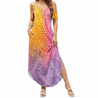 Hawaiian Turtles and Leis Summer Maxi Dress Tribal Kakau Pattern Magical Rainbow Sky LT03 Women Multicolor - Polynesian Pride