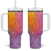 Hawaiian Turtles and Leis Tumbler With Handle Tribal Kakau Pattern Magical Rainbow Sky