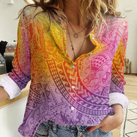 Hawaiian Turtles and Leis Women Casual Shirt Tribal Kakau Pattern Magical Rainbow Sky