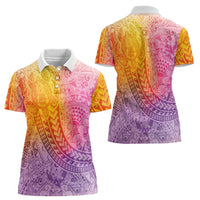 Hawaiian Turtles and Leis Women Polo Shirt Tribal Kakau Pattern Magical Rainbow Sky