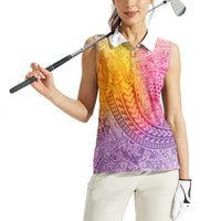 Hawaiian Turtles and Leis Women Sleeveless Polo Shirt Tribal Kakau Pattern Magical Rainbow Sky