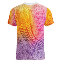 Hawaiian Turtles and Leis Women V-Neck T-Shirt Tribal Kakau Pattern Magical Rainbow Sky