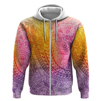 Hawaiian Turtles and Leis Zip Hoodie Tribal Kakau Pattern Magical Rainbow Sky