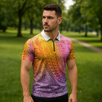 Hawaiian Turtles and Leis Zipper Polo Shirt Tribal Kakau Pattern Magical Rainbow Sky LT03 - Polynesian Pride