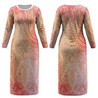 Hawaiian Turtles and Leis Couples Matching Long Sleeve Bodycon Dress and Hawaiian Shirt Tribal Kakau Pattern Peach Fuzz Color LT03 - Polynesian Pride