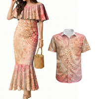 Hawaiian Turtles and Leis Couples Matching Mermaid Dress and Hawaiian Shirt Tribal Kakau Pattern Peach Fuzz Color LT03 Peach Fuzz - Polynesian Pride