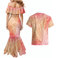 Hawaiian Turtles and Leis Couples Matching Mermaid Dress and Hawaiian Shirt Tribal Kakau Pattern Peach Fuzz Color LT03 - Polynesian Pride