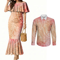 Hawaiian Turtles and Leis Couples Matching Mermaid Dress and Long Sleeve Button Shirt Tribal Kakau Pattern Peach Fuzz Color LT03 Peach Fuzz - Polynesian Pride