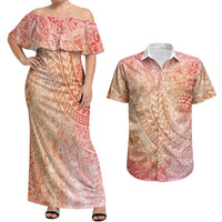 Hawaiian Turtles and Leis Couples Matching Off Shoulder Maxi Dress and Hawaiian Shirt Tribal Kakau Pattern Peach Fuzz Color LT03 Peach Fuzz - Polynesian Pride