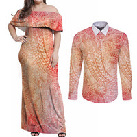 Hawaiian Turtles and Leis Couples Matching Off Shoulder Maxi Dress and Long Sleeve Button Shirt Tribal Kakau Pattern Peach Fuzz Color