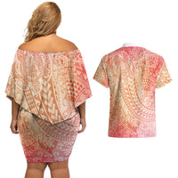 Hawaiian Turtles and Leis Couples Matching Off Shoulder Short Dress and Hawaiian Shirt Tribal Kakau Pattern Peach Fuzz Color