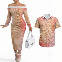 Hawaiian Turtles and Leis Couples Matching Off The Shoulder Long Sleeve Dress and Hawaiian Shirt Tribal Kakau Pattern Peach Fuzz Color LT03 Peach Fuzz - Polynesian Pride