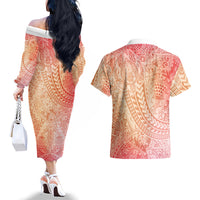 Hawaiian Turtles and Leis Couples Matching Off The Shoulder Long Sleeve Dress and Hawaiian Shirt Tribal Kakau Pattern Peach Fuzz Color LT03 - Polynesian Pride