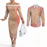 Hawaiian Turtles and Leis Couples Matching Off The Shoulder Long Sleeve Dress and Long Sleeve Button Shirt Tribal Kakau Pattern Peach Fuzz Color LT03 Peach Fuzz - Polynesian Pride