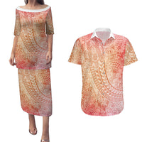 Hawaiian Turtles and Leis Couples Matching Puletasi and Hawaiian Shirt Tribal Kakau Pattern Peach Fuzz Color