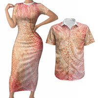 Hawaiian Turtles and Leis Couples Matching Short Sleeve Bodycon Dress and Hawaiian Shirt Tribal Kakau Pattern Peach Fuzz Color LT03 Peach Fuzz - Polynesian Pride