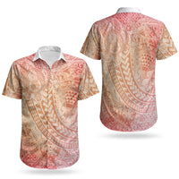 Hawaiian Turtles and Leis Couples Matching Short Sleeve Bodycon Dress and Hawaiian Shirt Tribal Kakau Pattern Peach Fuzz Color LT03 - Polynesian Pride
