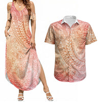 Hawaiian Turtles and Leis Couples Matching Summer Maxi Dress and Hawaiian Shirt Tribal Kakau Pattern Peach Fuzz Color LT03 Peach Fuzz - Polynesian Pride