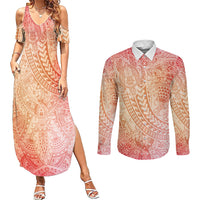 Hawaiian Turtles and Leis Couples Matching Summer Maxi Dress and Long Sleeve Button Shirt Tribal Kakau Pattern Peach Fuzz Color