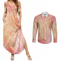 Hawaiian Turtles and Leis Couples Matching Summer Maxi Dress and Long Sleeve Button Shirt Tribal Kakau Pattern Peach Fuzz Color LT03 Peach Fuzz - Polynesian Pride
