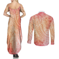Hawaiian Turtles and Leis Couples Matching Summer Maxi Dress and Long Sleeve Button Shirt Tribal Kakau Pattern Peach Fuzz Color LT03 - Polynesian Pride