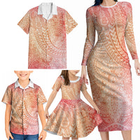 Hawaiian Turtles and Leis Family Matching Long Sleeve Bodycon Dress and Hawaiian Shirt Tribal Kakau Pattern Peach Fuzz Color LT03 - Polynesian Pride