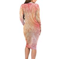 Hawaiian Turtles and Leis Family Matching Long Sleeve Bodycon Dress and Hawaiian Shirt Tribal Kakau Pattern Peach Fuzz Color