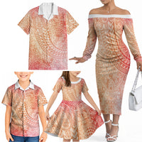 Hawaiian Turtles and Leis Family Matching Off The Shoulder Long Sleeve Dress and Hawaiian Shirt Tribal Kakau Pattern Peach Fuzz Color LT03 - Polynesian Pride