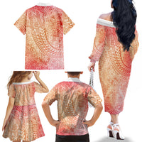 Hawaiian Turtles and Leis Family Matching Off The Shoulder Long Sleeve Dress and Hawaiian Shirt Tribal Kakau Pattern Peach Fuzz Color