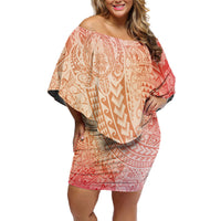 Hawaiian Turtles and Leis Family Matching Off Shoulder Short Dress and Hawaiian Shirt Tribal Kakau Pattern Peach Fuzz Color