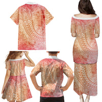 Hawaiian Turtles and Leis Family Matching Puletasi and Hawaiian Shirt Tribal Kakau Pattern Peach Fuzz Color