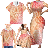 Hawaiian Turtles and Leis Family Matching Short Sleeve Bodycon Dress and Hawaiian Shirt Tribal Kakau Pattern Peach Fuzz Color LT03 - Polynesian Pride