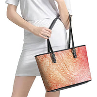 Hawaiian Turtles and Leis Leather Tote Bag Tribal Kakau Pattern Peach Fuzz Color
