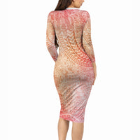 Hawaiian Turtles and Leis Long Sleeve Bodycon Dress Tribal Kakau Pattern Peach Fuzz Color LT03 - Polynesian Pride