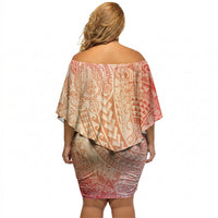 Hawaiian Turtles and Leis Off Shoulder Short Dress Tribal Kakau Pattern Peach Fuzz Color LT03 - Polynesian Pride