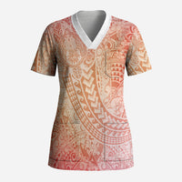 Hawaiian Turtles and Leis Scrub Top Tribal Kakau Pattern Peach Fuzz Color
