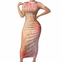 Hawaiian Turtles and Leis Short Sleeve Bodycon Dress Tribal Kakau Pattern Peach Fuzz Color LT03 Long Dress Peach Fuzz - Polynesian Pride