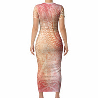 Hawaiian Turtles and Leis Short Sleeve Bodycon Dress Tribal Kakau Pattern Peach Fuzz Color LT03 - Polynesian Pride