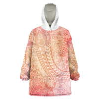 Hawaiian Turtles and Leis Wearable Blanket Hoodie Tribal Kakau Pattern Peach Fuzz Color