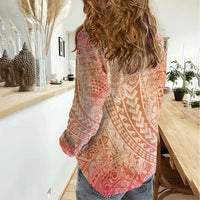 Hawaiian Turtles and Leis Women Casual Shirt Tribal Kakau Pattern Peach Fuzz Color