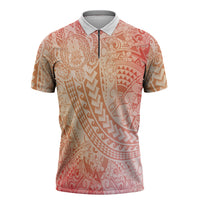 Hawaiian Turtles and Leis Zipper Polo Shirt Tribal Kakau Pattern Peach Fuzz Color