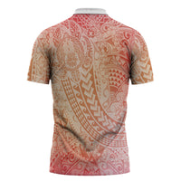 Hawaiian Turtles and Leis Zipper Polo Shirt Tribal Kakau Pattern Peach Fuzz Color LT03 - Polynesian Pride