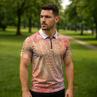 Hawaiian Turtles and Leis Zipper Polo Shirt Tribal Kakau Pattern Peach Fuzz Color LT03 - Polynesian Pride